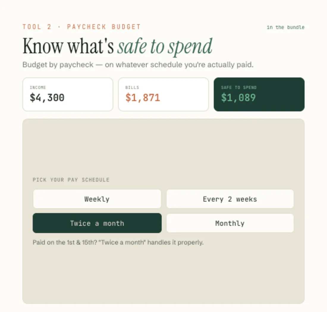 The Paycheck Budget tool from the bundle, showing income, bills and safe to spend.