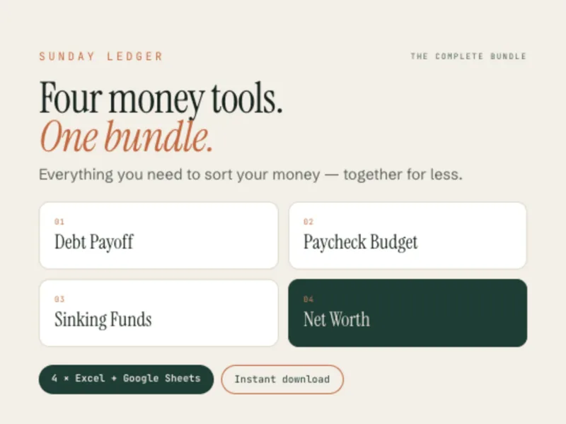The Complete Bundle: four Sunday Ledger spreadsheets — debt payoff, paycheck budget, sinking funds and net worth — shown together.